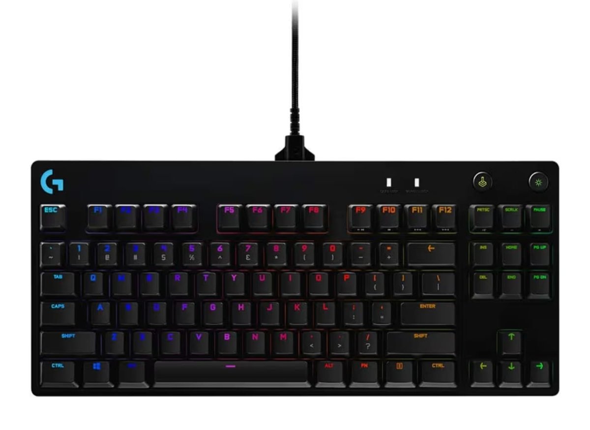 Teclado Mecânico Gamer Logitech G PRO com Layout US, RGB LIGHTSYNC, Design TKL, Cabo Destacável e Switch Exclusivo GX Blue Clicky